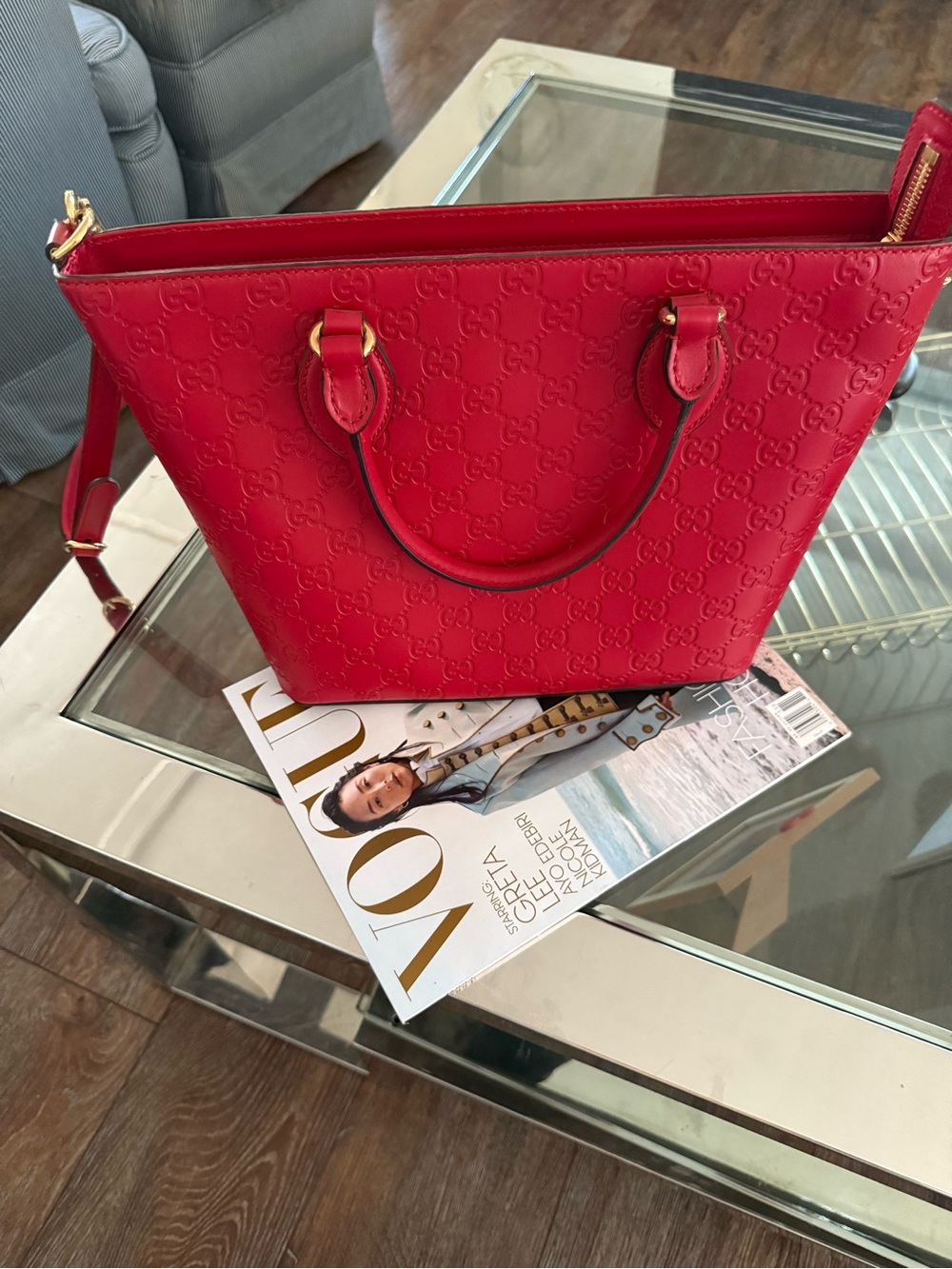Gucci Red Embossed Leather Tote with Gold Hardware